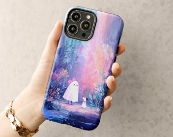 Funda rosa con diseño de fantasma para iPhone 17 16 15 14 13 16e, Samsung Galaxy S25 S24 S23, Google Pixel 10 9 8 7. Estilo gótico pastel, Halloween y estética espeluznante.