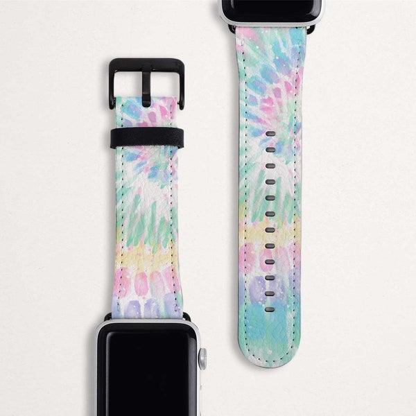 Bracelet pour Apple Watch pastel arc-en-ciel tie-dye Bracelet pour Apple Watch pour femme 38 mm 40 mm 42 mm 44 mm avec faux cuir cadeau iWatch Series 6 5 4 3 2 1 SE