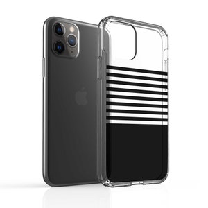 K&ouml;nnte beinhalten: Eine transparente Handyh&uuml;lle mit einem schwarz-wei&szlig;en Streifenmuster. Die H&uuml;lle hat eine schwarze untere H&auml;lfte und eine transparente obere H&auml;lfte mit wei&szlig;en Streifen.