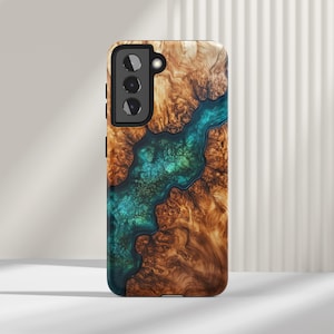 Teal Green Faux Wood and Resin Phone Case Samsung Galaxy Phone Case for S25 S24 FE S23 Plus Ultra S22 S21 S20 Note Unique Printed Tough Case