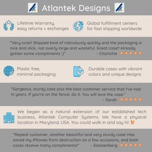 K&ouml;nnte beinhalten: Atlantek Designs bietet Handyh&uuml;llen mit einer lebenslangen Garantie, kostenlosem Versand und plastikfreier Verpackung. Kundenbewertungen heben die Qualit&auml;t, Langlebigkeit und den schnellen Versand der H&uuml;llen hervor.