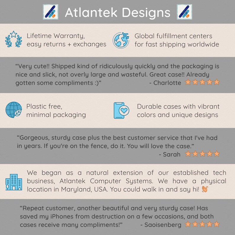 K&ouml;nnte beinhalten: Atlantek Designs bietet Handyh&uuml;llen mit einer lebenslangen Garantie, kostenlosem Versand und plastikfreier Verpackung. Kundenbewertungen heben die Qualit&auml;t, Langlebigkeit und den schnellen Versand der H&uuml;llen hervor.