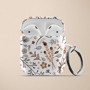 Flower Apple AirPods Case AirPod Pro Hard Plastic Case Tan Brown White Neutral Color Floral Air Pod Case with Keychain Flowers AD-TANFL image 1