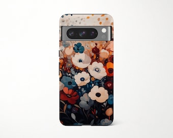 May include: A smartphone case featuring a floral design with white, blue, and red flowers. The case has a speckled top and a camera cutout. The flowers are set against a dark background.
