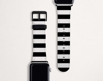 Black and White Thick Striped Apple Watch Strap 38mm 40mm 42mm 44mm with Fake Leather Gift iWatch Series 6 5 4 3 2 1 SE Cute Minimal