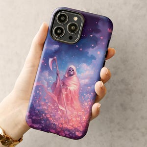 Pink Grim Reaper Phone Case for iPhone 16 15 14 13 16e Samsung Galaxy S25 S24 S23 Google Pixel 9 8 7 6 Pastel Goth Halloween Spooky Gothic