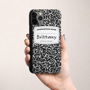 カスタム名入りノート型iPhoneケース、パーソナライズされたiPhone 16 Proケース、iPhone 17 Pro Max、ブラック＆ホワイト、16e、17e、15、14、13 Mini