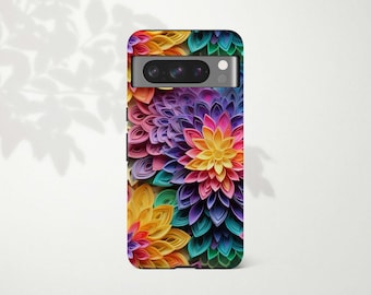 Google Pixel Handyhülle mit Regenbogenblumen für Google Pixel 10, 9 XL, 9a, 8 Pro, 7, 6 – Niedliches Blumenmuster aus Papierquilling