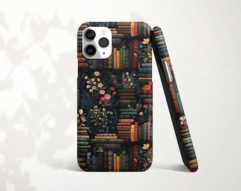 Dark Flowers and Book Phone Case for iPhone 14 Pro Max 15 Plus 13 Mini 12 11 XR X XS 8 7 SE2 Vintage Floral Pattern Gift for Bookworm Reader