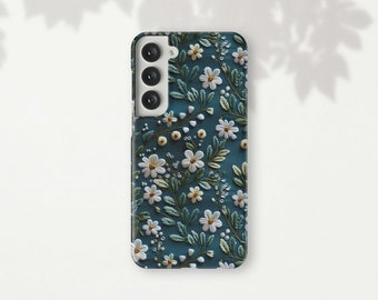 Teal Green and White Flowers Phone Case for Samsung Galaxy S24 Ultra S23 Plus S22 S21 S20 FE S10 Note 20 10 9 Pretty Faux Embroidered Effect