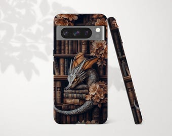 Drachen-Handyhülle für Google Pixel 10, 9 XL, 9a, 8 Pro, 7, 6 mit Blumenmotiv – das perfekte Geschenk für Bücherliebhaber (Dark Academia Fantasy).