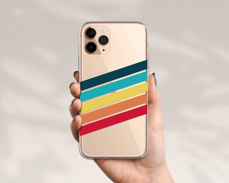 May include: A clear phone case with a colorful striped design. The stripes are red, orange, yellow, teal, and dark blue. The case is designed for an iPhone.
