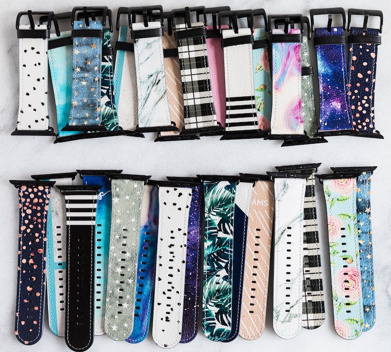 Puede incluir: Una colecci&oacute;n de 18 correas de reloj coloridas y estampadas para Apple Watch. Las correas est&aacute;n hechas de una variedad de materiales, incluyendo cuero, tela y silicona. Las correas presentan una variedad de dise&ntilde;os, incluyendo lunares, rayas, patrones florales y patrones geom&eacute;tricos.