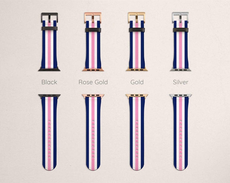 Navy Blue White Pink Striped Apple Watch Band Series 5 4 3 2 1 iWatch Band Stripes Apple Watch Band Women's 38mm Watch Band 44mm 40mm 42mm image 2
