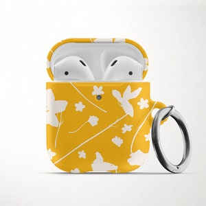 Mustard Yellow Floral AirPod Case for AirPods Pro Hard Cover with Keychain Apple Air Pod 1 2 and Carabiner Flower Pattern Airpods Case Cute image 1