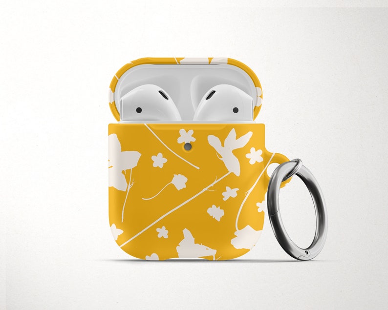Mustard Yellow Floral AirPod Case for AirPods Pro Hard Cover with Keychain Apple Air Pod 1 2 and Carabiner Flower Pattern Airpods Case Cute image 1