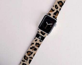 Leopard Print Apple Watch Band Rose Gold Custom Initial Personalized Watch Strap Cheetah Animal Print Series 5 4 3 2 1 Women's 38mm 42mm