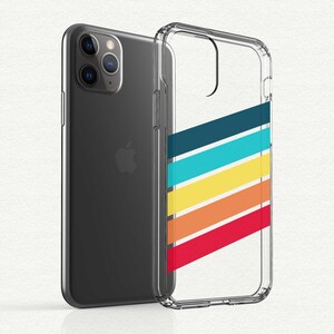 May include: A clear phone case with a diagonal pattern of colorful stripes in red, orange, yellow, turquoise, and dark blue. The case is designed to fit an iPhone.