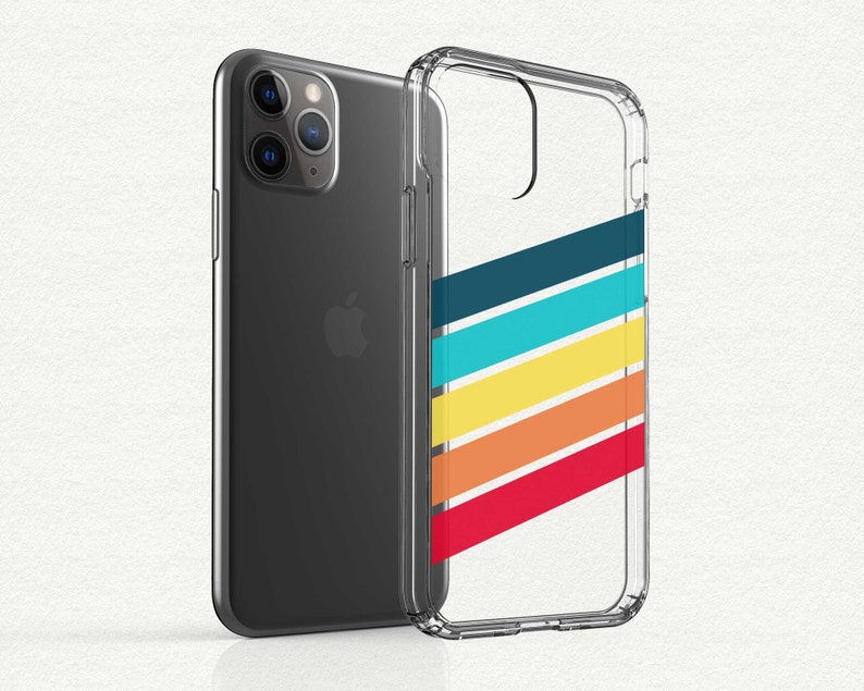May include: A clear phone case with a diagonal pattern of colorful stripes in red, orange, yellow, turquoise, and dark blue. The case is designed to fit an iPhone.