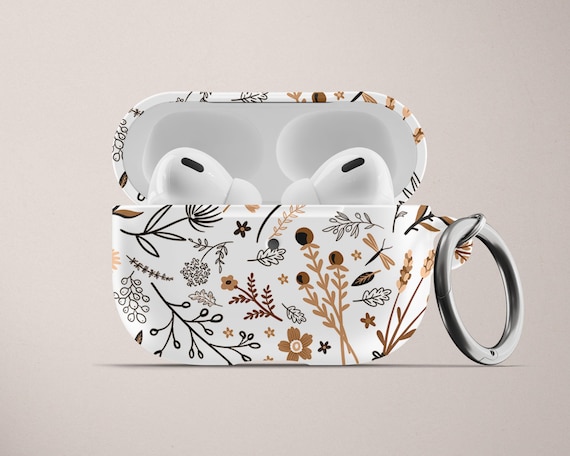 Floral Apple AirPod Case AirPods Pro Hard Plastic Case Tan Brown White Neutral Color Flowers Air Pod Case with Keychain Floral Pattern Cute