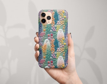 Spring Flowers and Cute Ghosts Phone Case for iPhone 15 Pro Max 14 Plus 13 Mini 12 11 XR X XS 8 7 SE2 Floral Rainbow Faux Embroidered Case