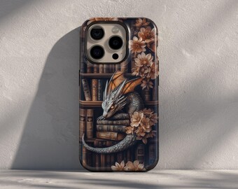 Funda para teléfono con estantería de dragón y flores para iPhone, Samsung Galaxy y Google Pixel. Regalo literario para lectores, fantasía, romance oscuro y estética.