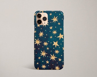 May include: A blue phone case with a gold star pattern. The case has a cutout for the camera lens.