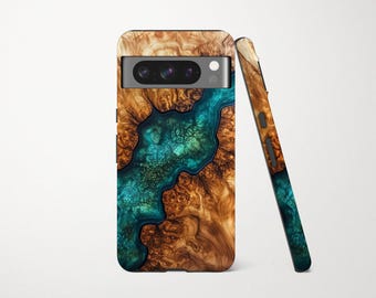 Holz und Harz Design Handyhülle für Google Pixel 10 Pro XL 9 9a 8 7 6 Teal Green