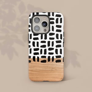 Black and White Design with Faux Wood Phone Case for Samsung Galaxy S25 Plus S24 Ultra S23 FE S22 S21 S20 Neutral Geometric Tough Case