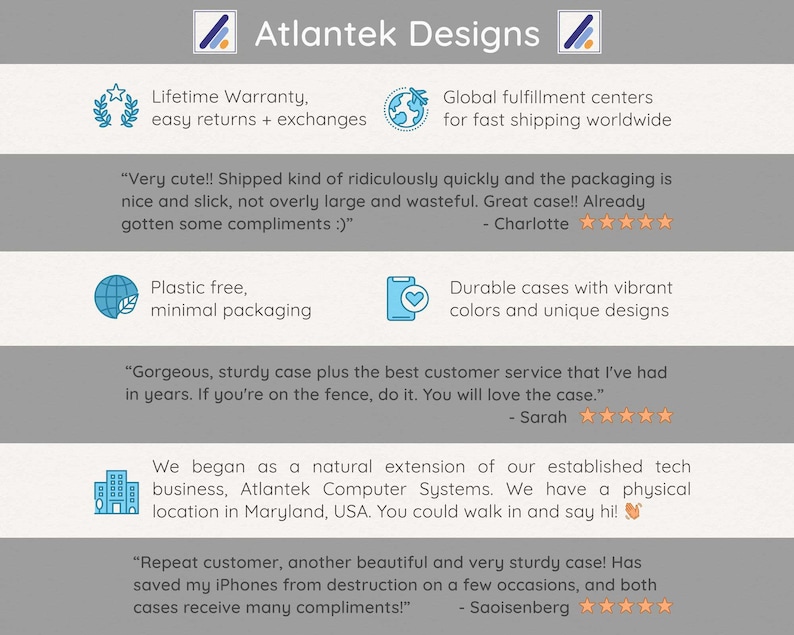 May include: Atlantek Designs offers phone cases with a lifetime warranty, easy returns and exchanges, and fast shipping worldwide. The company is environmentally conscious and uses plastic-free, minimal packaging. Customer reviews highlight the quality of the cases and the excellent customer service.