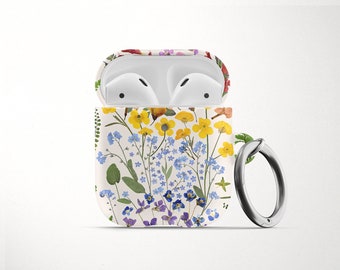 Rainbow Flowers AirPod Case for AirPods Pro Hard Cover with Keychain Apple Air Pod 1 2 and Carabiner Floral Pressed Flower Design