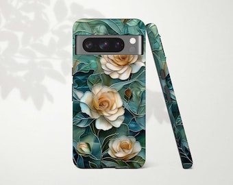 White Floral Stained Glass Phone Case for Google Pixel 10 9 Pro XL 8 7 6: Teal Green and White Roses Faux Stained Glass Flowers Aesthetic