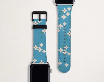 Floral Apple Watch Strap Flower Apple Watch Band 38mm 40mm 42mm 44mm Faux Leather Apple iWatch Band Series 6 5 4 3 2 1 SE Blue White Cute