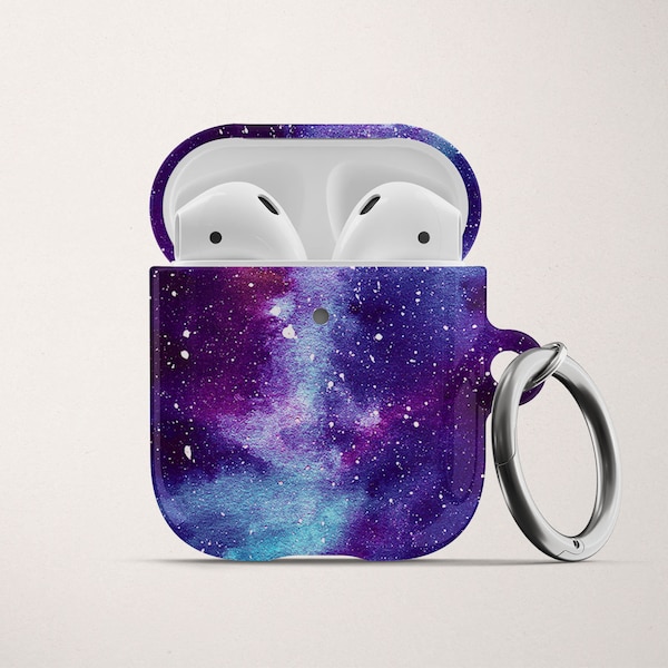 Purple Outer Space AirPod Case for AirPods Pro Hard Cover with Keychain Blue Galaxy Apple Air Pod 1 2 and Carabiner Stars Celestial Gift