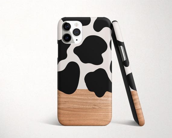 Black and White Cow Print with Faux Wood Phone Case | iPhone 14 Pro Max 13 Pro 12 Mini 11 XR XS 8 Plus SE3 | Minimalist Snap or Tough Cover