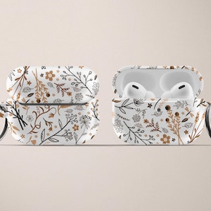 Estuche floral para AirPod de Apple Estuche rígido de plástico para AirPods Pro Estuche para AirPods con llavero en color marrón tostado y blanco Estuche para AirPods con flores en color neutro Estampado floral Lindo imagen 3