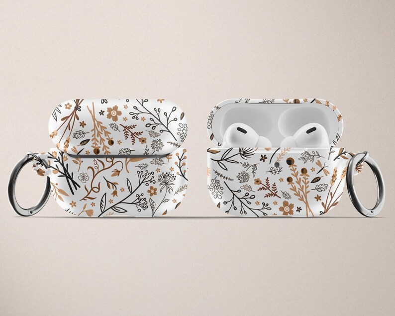 Estuche floral para AirPod de Apple Estuche rígido de plástico para AirPods Pro Estuche para AirPods con llavero en color marrón tostado y blanco Estuche para AirPods con flores en color neutro Estampado floral Lindo imagen 3