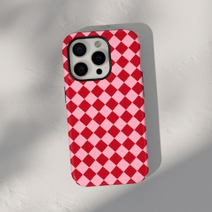 Red and Pink Diamond Phone Case for iPhone 16 Pro 14 Max 16e 15 Plus 13 Mini 12 11 SE Checker Pattern Magsafe Tough Case Preppy Checkerboard