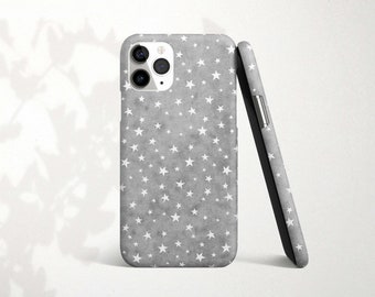 Gray with White Star Print Phone Case for iPhone 15 Pro Max 14 Plus 13 Mini 12 11 XR X XS 8 7 SE2 2020 2022 Cute Simple Celestial Pattern