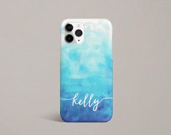 Blue Ombre Watercolor Custom Name Phone Case iPhone 12 Pro Case 11 XR XS Max 8 Plus SE 7 Personalized Monogram Customized Galaxy S21 S20 S10
