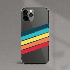 May include: A clear phone case with a black background and a colorful striped design. The stripes are red, orange, yellow, blue, and teal.