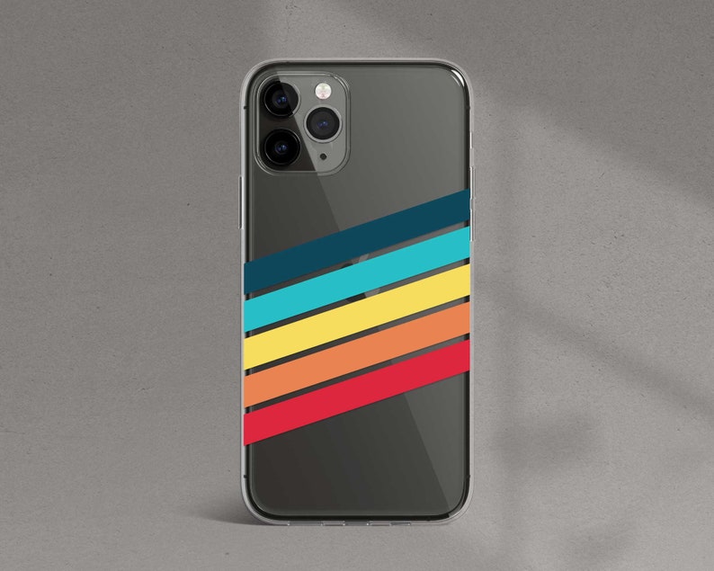 May include: A clear phone case with a black background and a colorful striped design. The stripes are red, orange, yellow, blue, and teal.