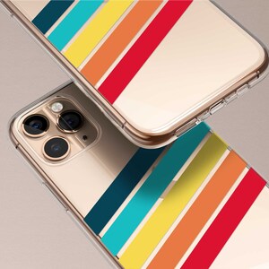 May include: A clear phone case with a rainbow stripe design. The case is shown on top of a phone with a camera lens.