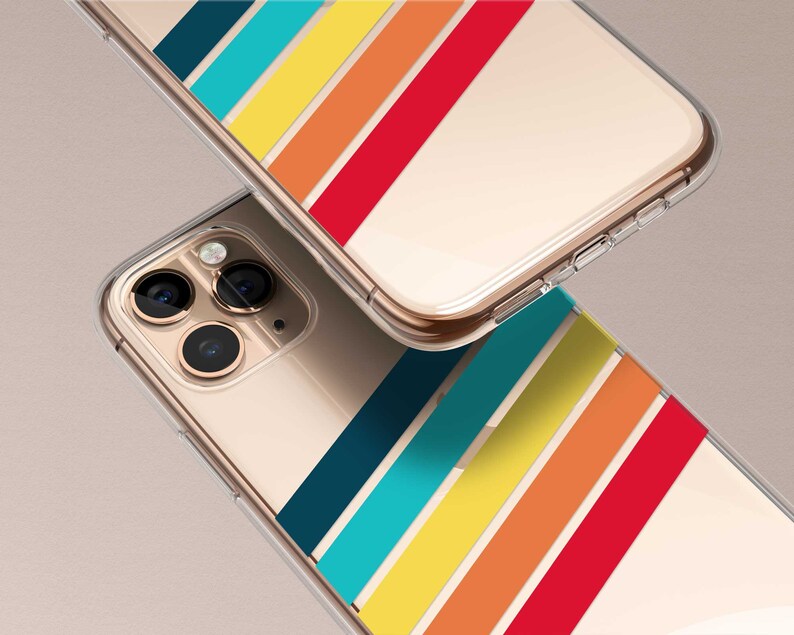 May include: A clear phone case with a rainbow stripe design. The case is shown on top of a phone with a camera lens.