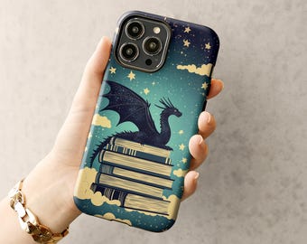 Funda vintage con diseño de dragón sobre libros para iPhone 16, 15, 14 y 13, Samsung Galaxy S25, S24 y S23, Google Pixel 9, 8, 7 y 6, regalo para lectores.