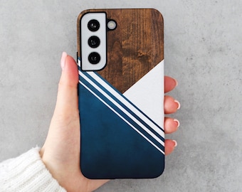 木目調デザインの青い幾何学模様のスマホケース：Samsung Galaxyのスマホ、タフケース、スナップケース用