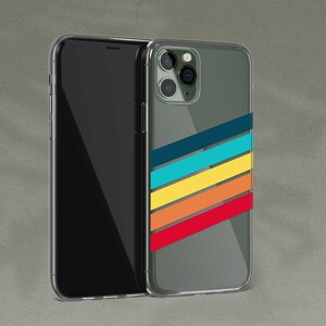 May include: A clear phone case with a retro-style rainbow stripe design. The case is designed for an iPhone with a triple lens camera.