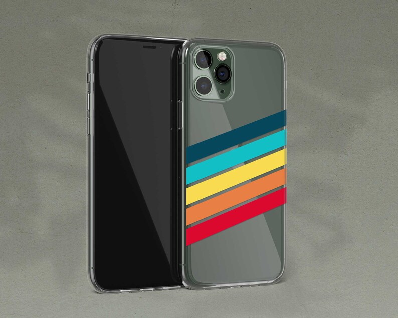 May include: A clear phone case with a retro-style rainbow stripe design. The case is designed for an iPhone with a triple lens camera.