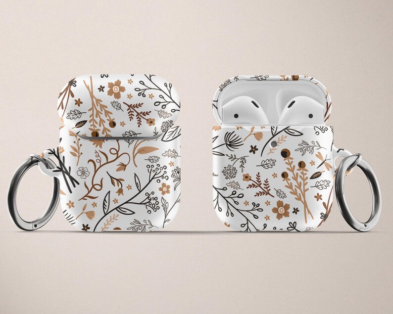 Estuche floral para AirPod de Apple Estuche rígido de plástico para AirPods Pro Estuche para AirPods con llavero en color marrón tostado y blanco Estuche para AirPods con flores en color neutro Estampado floral Lindo imagen 4