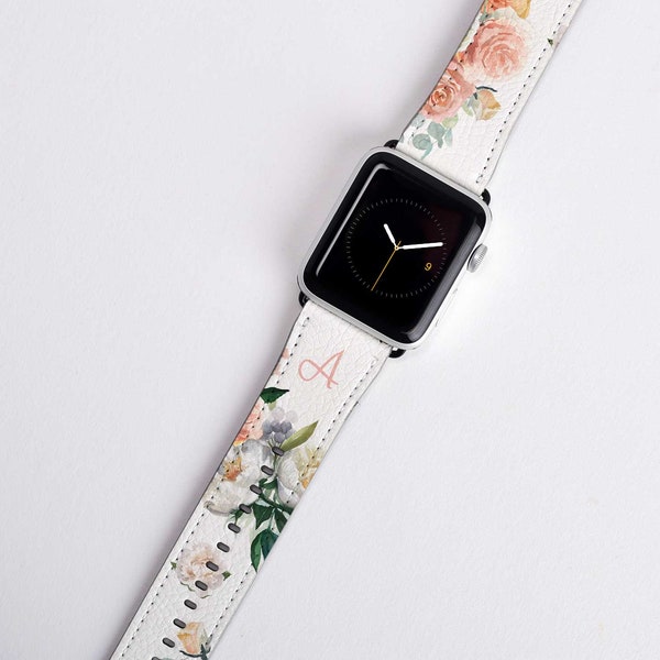 Custom Monogram Apple Watch Band Floral Personalized iWatch Strap 38mm 40mm 42mm 44mm Custom Initial Apple Watch Series 5 4 3 2 1 White Pink